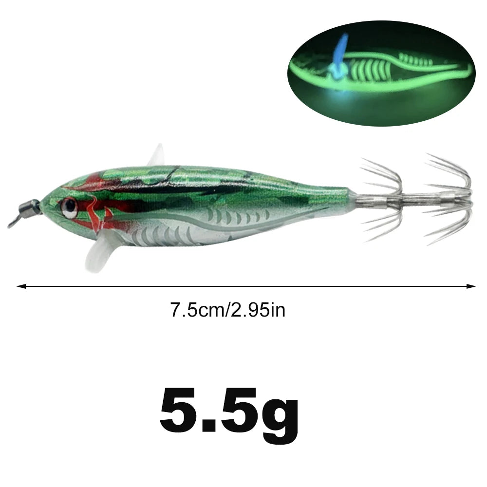 Horizontal wood Shrimp. 5.5g Luminous Floating lure. Squid Jigging, Shrimp ,Octopus.