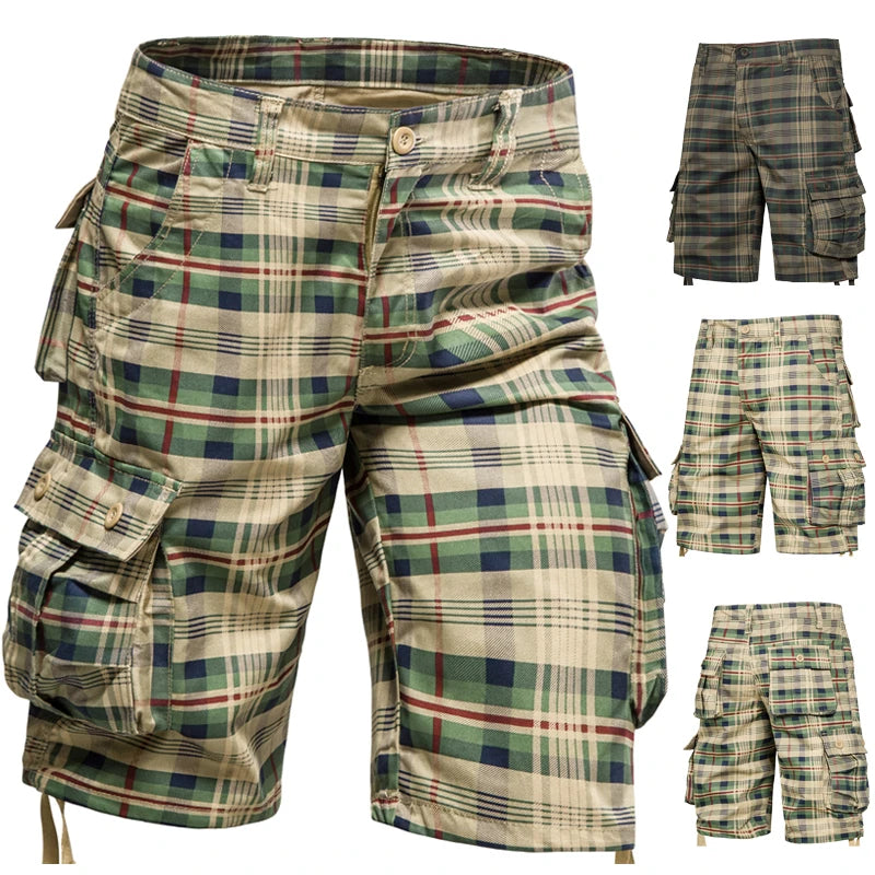 Cotton, Comfortable, Plaid Shorts. Loose, Straight Leg, Large Cargo Pockets.