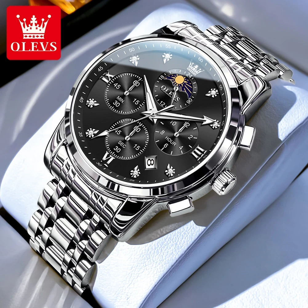 OLEVS Luxury Men's Watches. Moon Phase, Chronograph, Quartz, Gold Stainless Steel, Luminous.