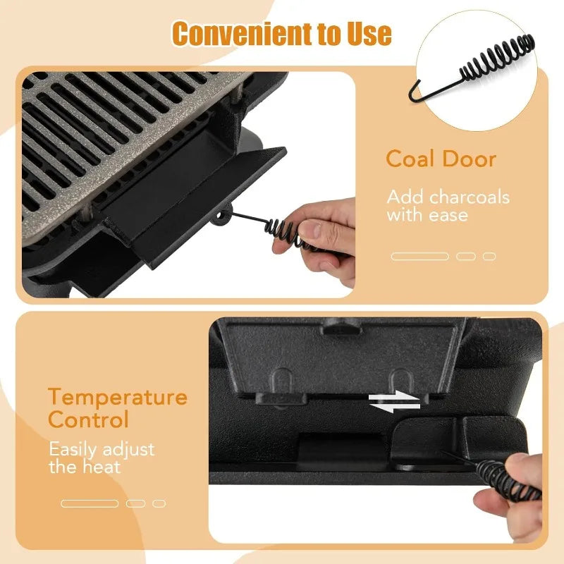 Portable Cast Iron Charcoal Hibachi Grill with Double-sided Grate