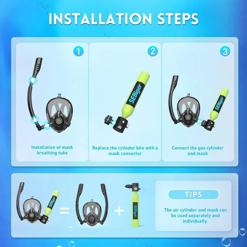 Snorkel - Mask - Mini Scuba Tank - 0.5L Up to 6 Minutes - 30ft Diving Depth.