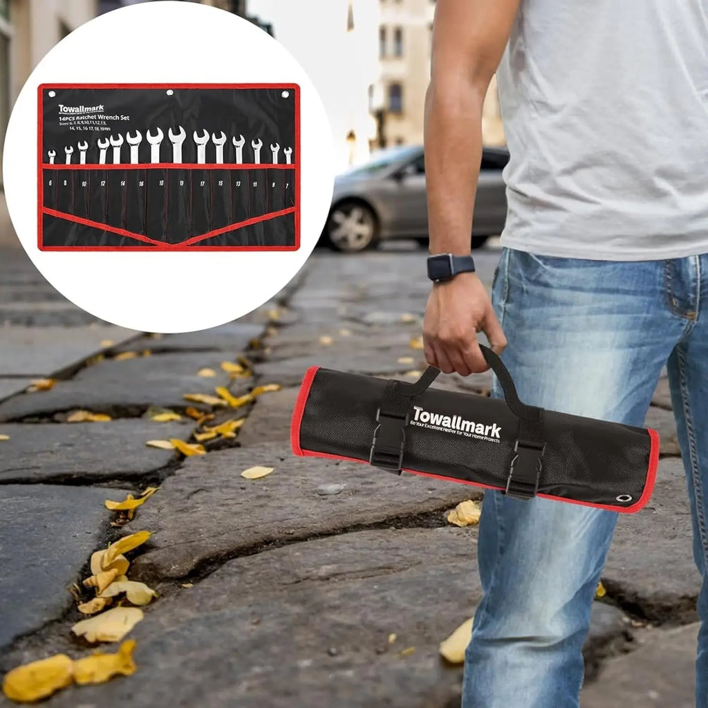 Ratcheting Wrench Set - 14pcs, Metric, Fixed Head, 6-19mm, Cr-V Steel Ratchets with Storage Bag.