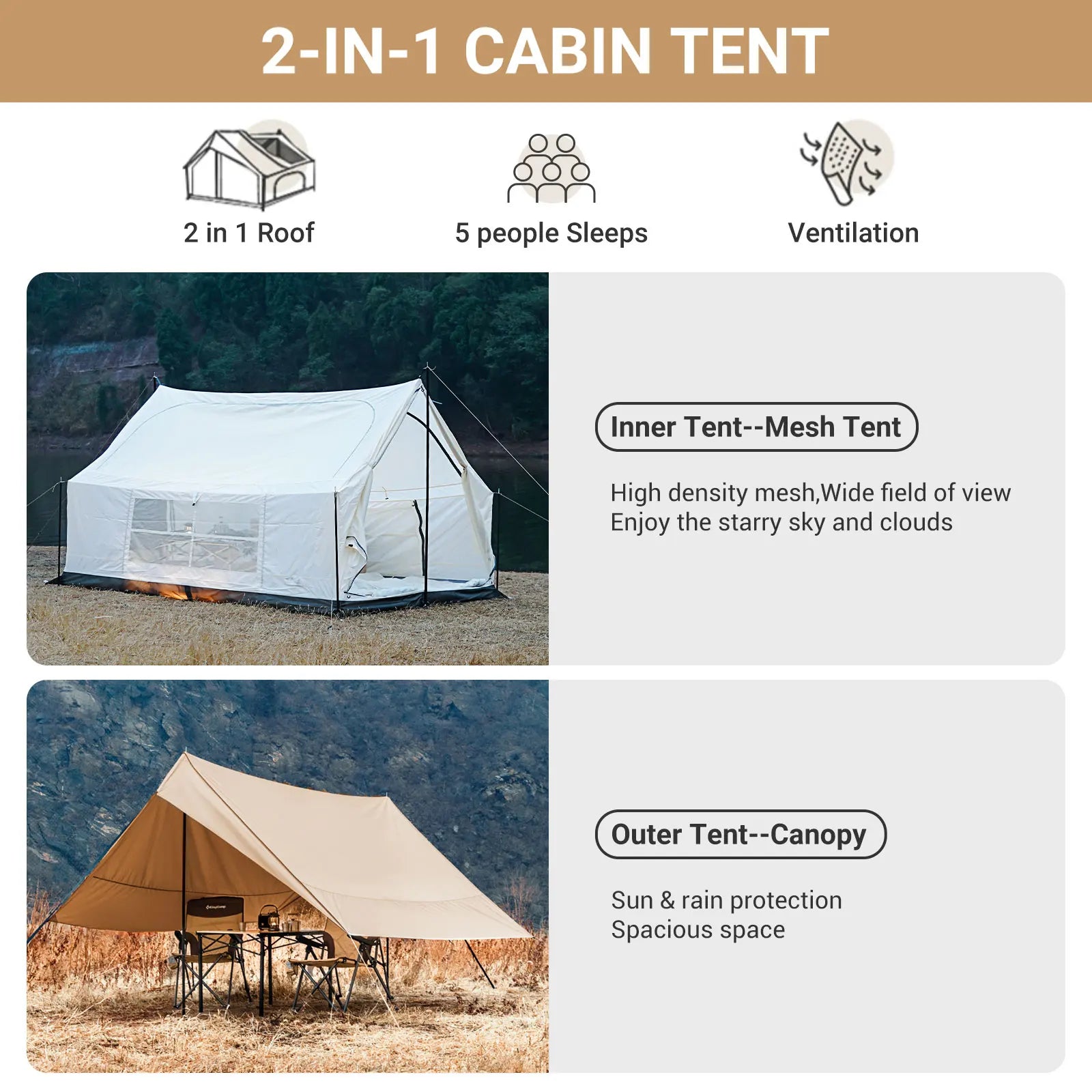 Camping Tent, Canopy And Mesh Tent Function. Glamping Tent With Huge Interior Space.