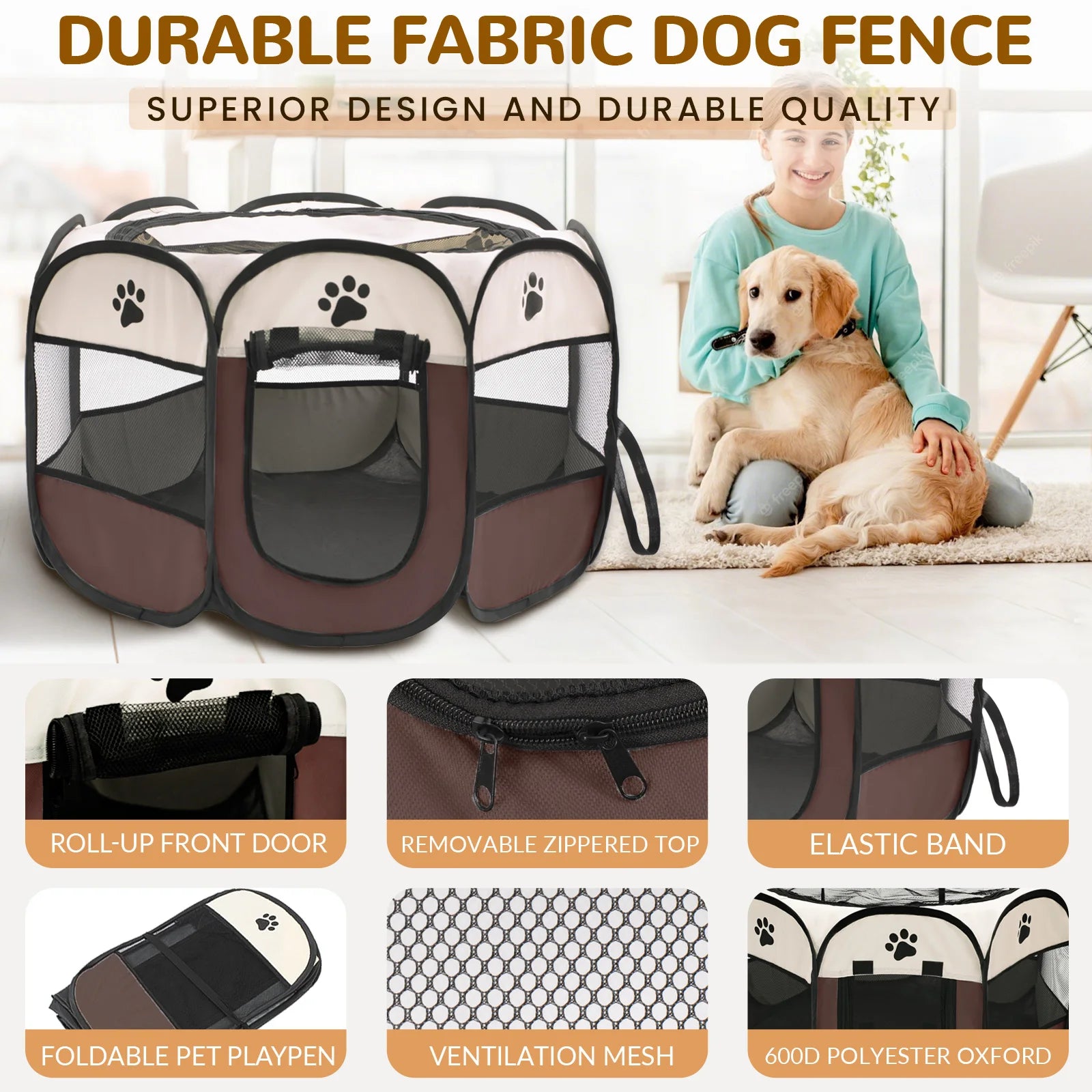 Foldable Pet Playpen for Dogs & Cats - Durable Oxford Cloth with Removable Zipper.