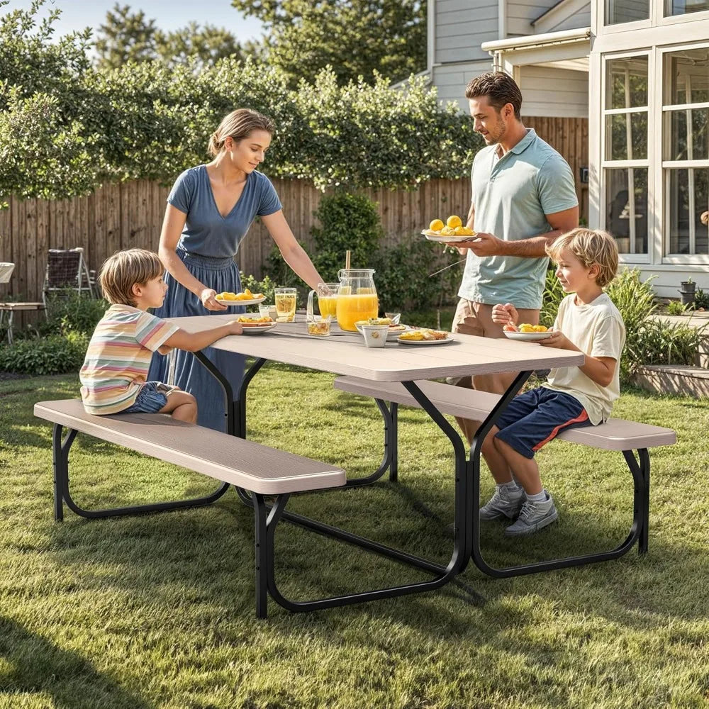 6FT Picnic Table And Bench. W/Umbrella Hole. Resin Tabletop & Steel Frame .
