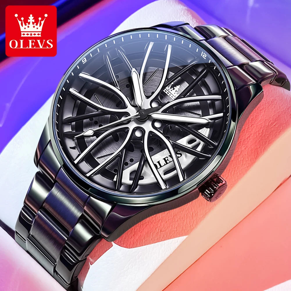 OLEVS 9937 Men's Rotatable Wheel Hub Dial Fashion Trend Quartz Watch, Waterproof, Luminous, Stainless Steel.