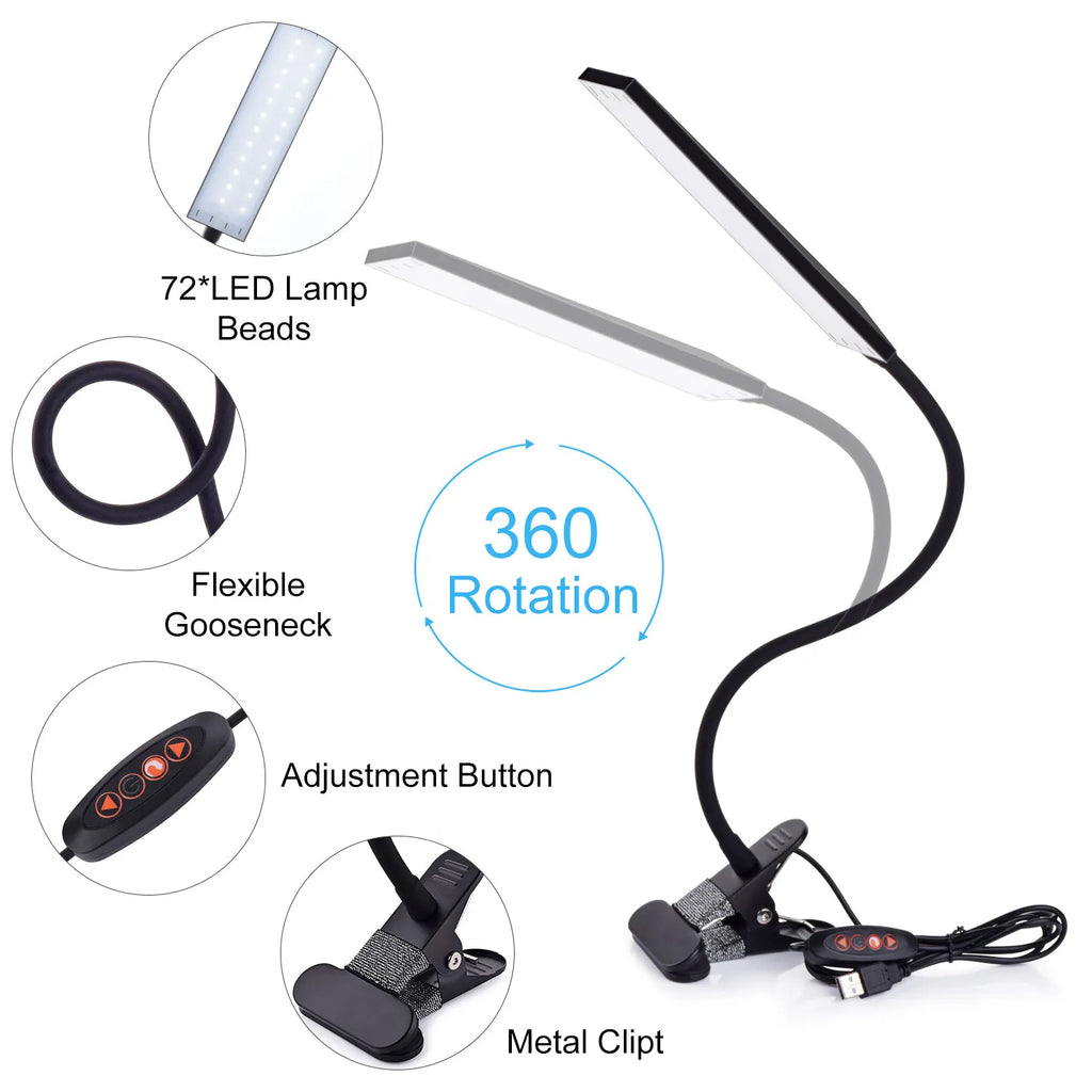 5W LED Clip on Desk Lamp with 3 Modes - 11 Brightness - Clamp.