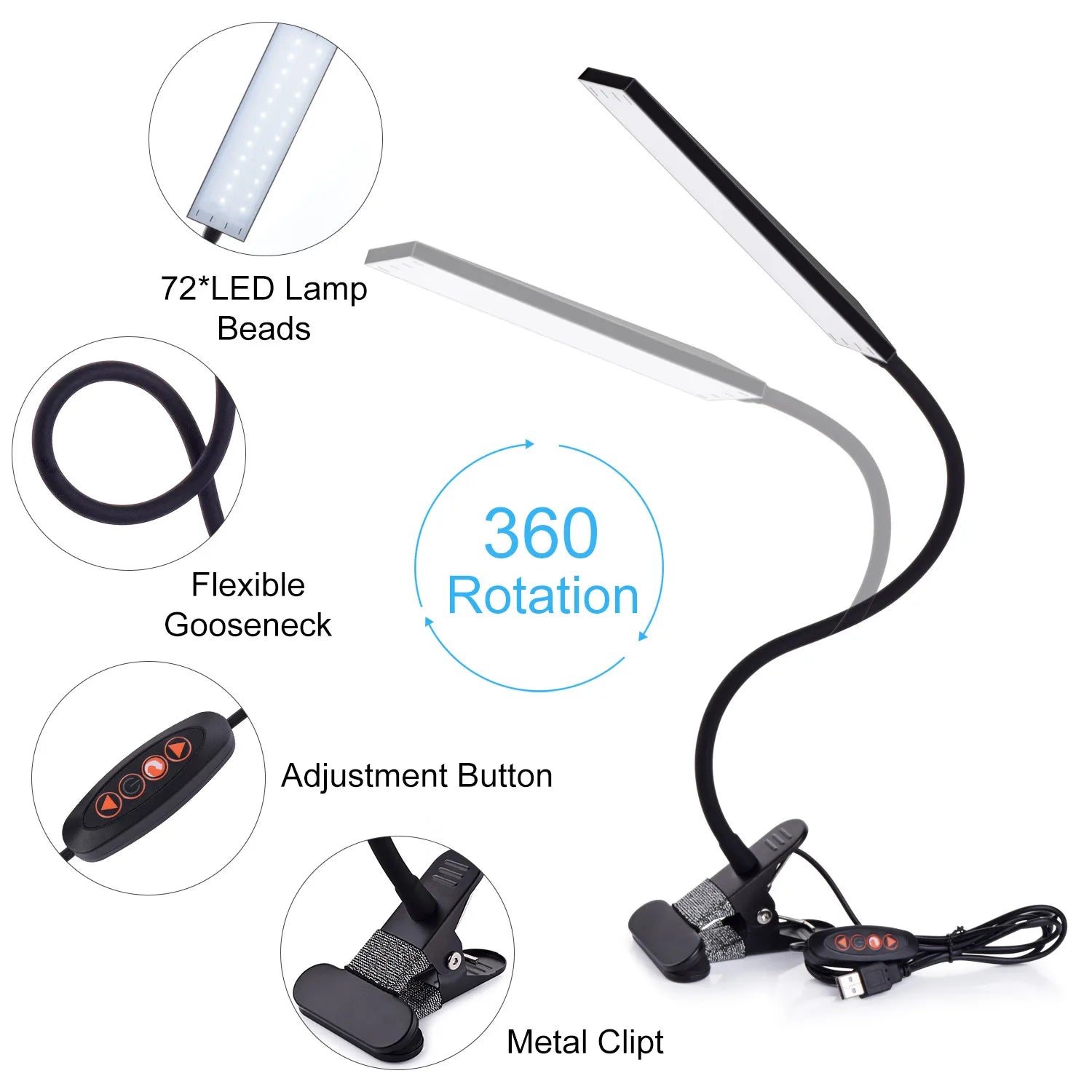 5W LED Clip on Desk Lamp with 3 Modes - 11 Brightness - Clamp.