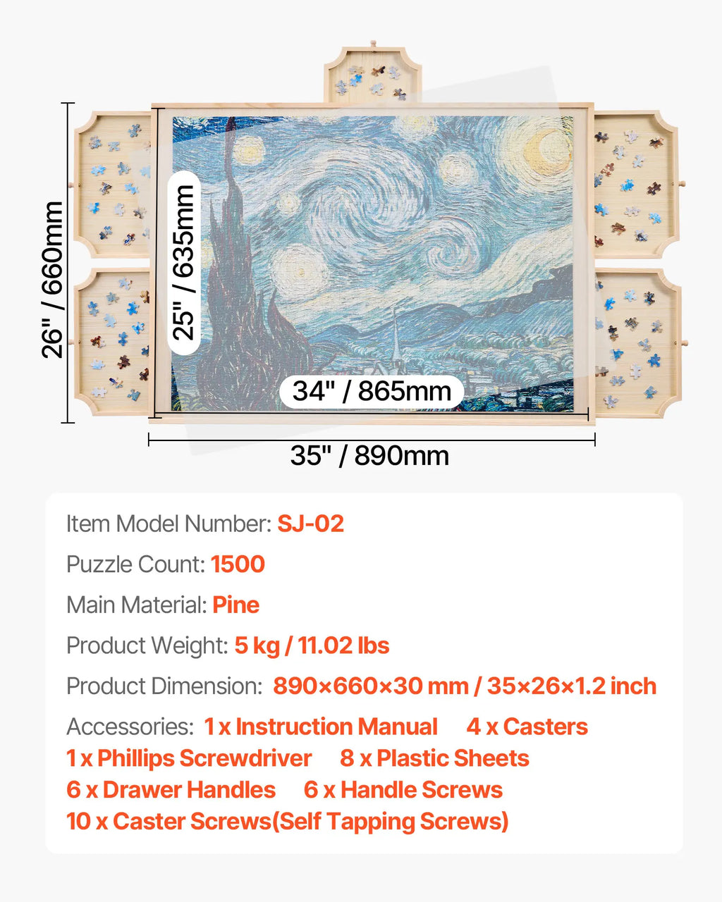 1500 Piece Rotating Puzzle Board with 5 Drawers and Cover. Jigsaw Puzzle Wooden Table