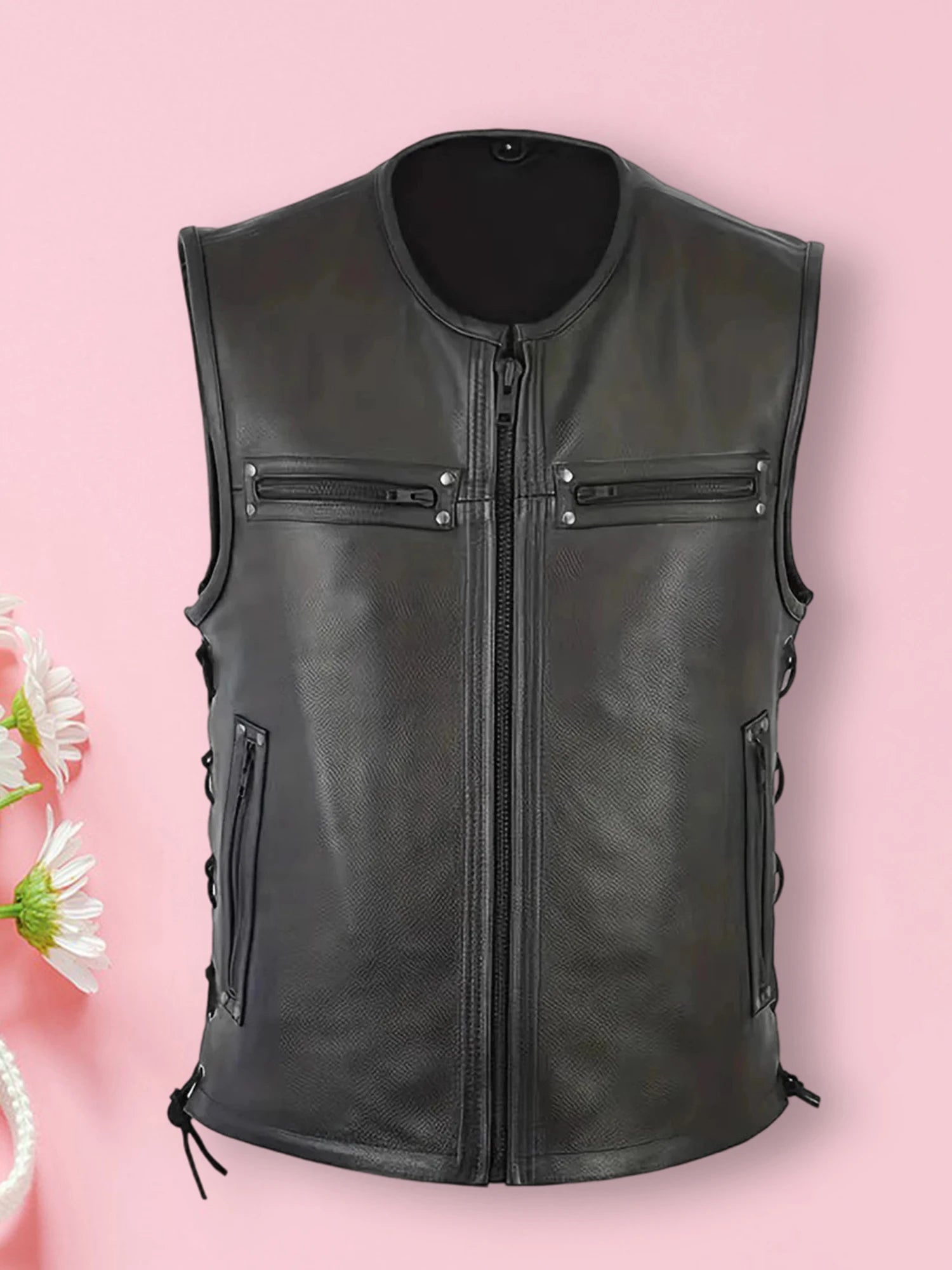 Stylish Men s Biker Vest, Genuine Leather With Multiple Pockets And Zipper Closure.