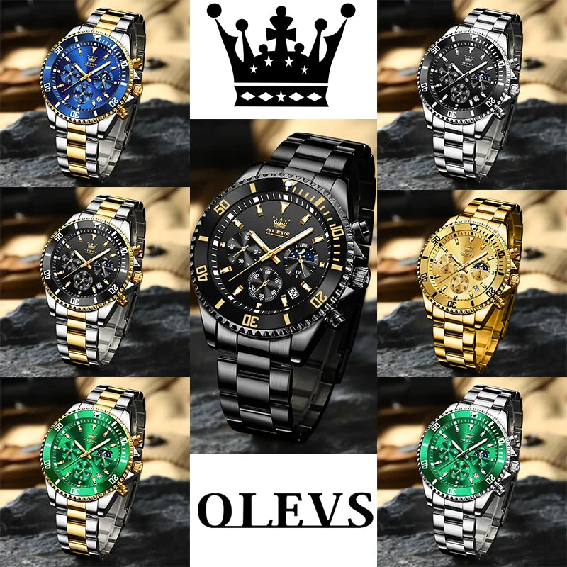 OLEVS Men's Top Brand Luxury Watch. Waterproof, Stainless Steel, Chronograph, Moon Phase, Date.