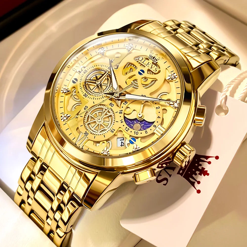 OLEVS Luxury, Waterproof, Gold Skeleton Style, 24 Hour, Wrist Watch.