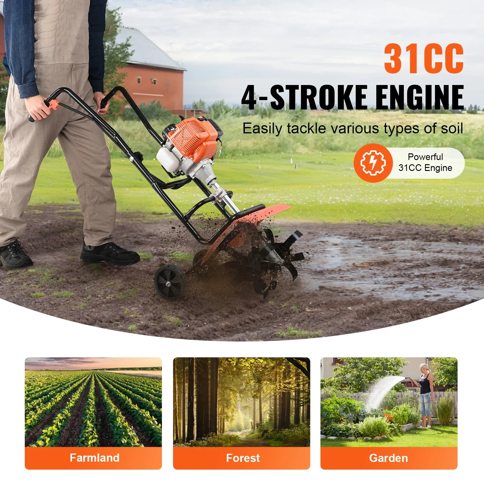 SucceBuy Tiller Cultivator, 31/43/212CC - Tiller With 4 Steel Adjustable Front Tines.