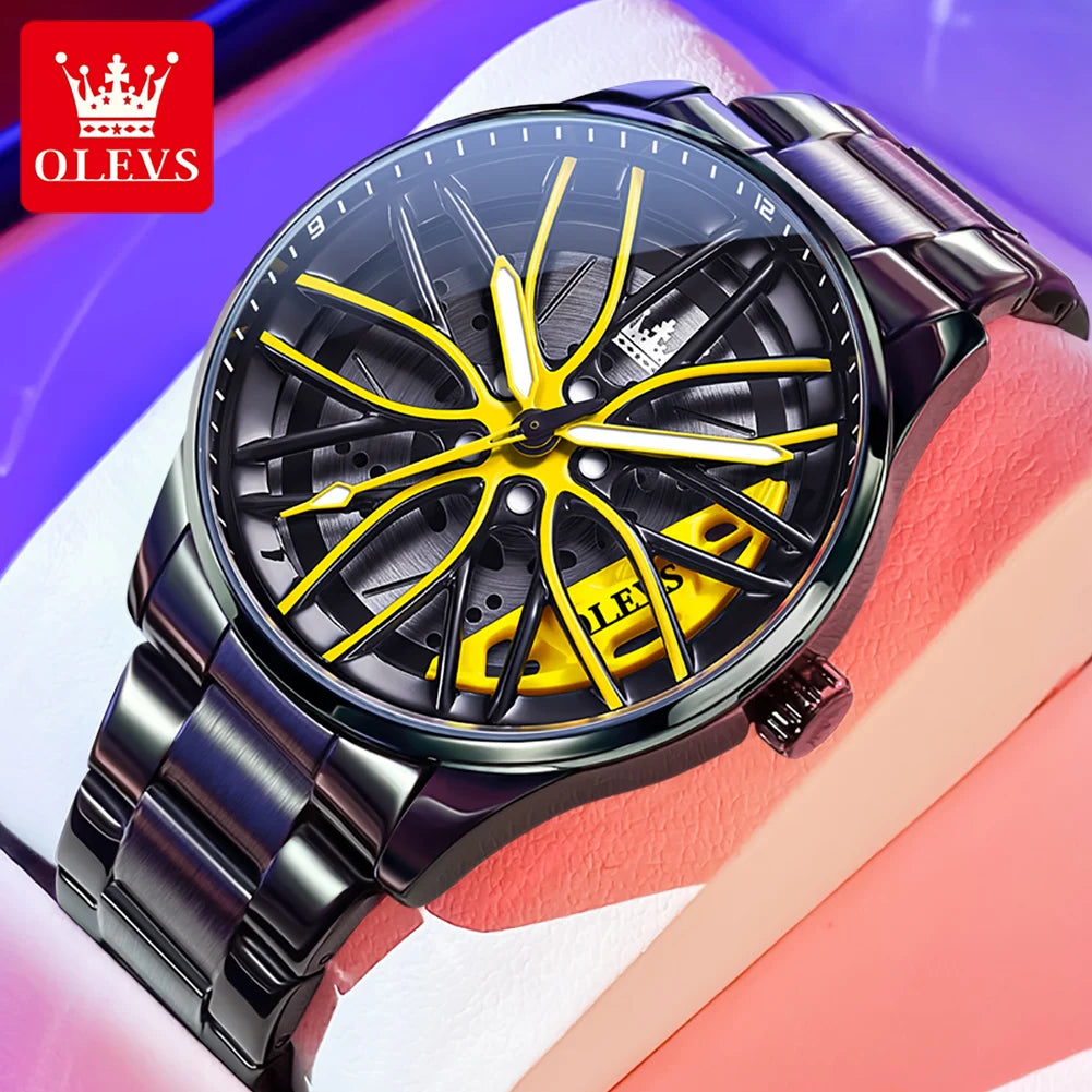 OLEVS 9937 Men's Rotatable Wheel Hub Dial Fashion Trend Quartz Watch, Waterproof, Luminous, Stainless Steel.