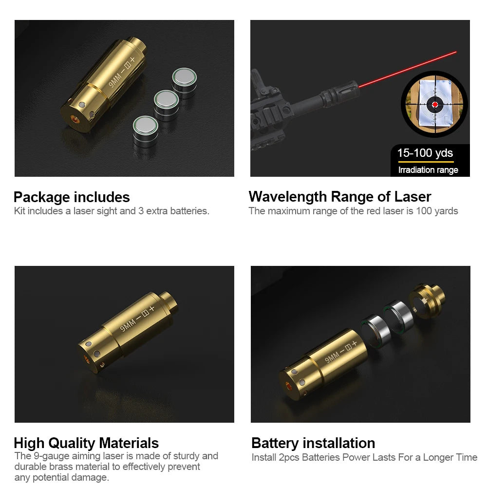 9MM Red Dot Laser Bore Sight. Brass . For Pistol Or Rifle Scope.