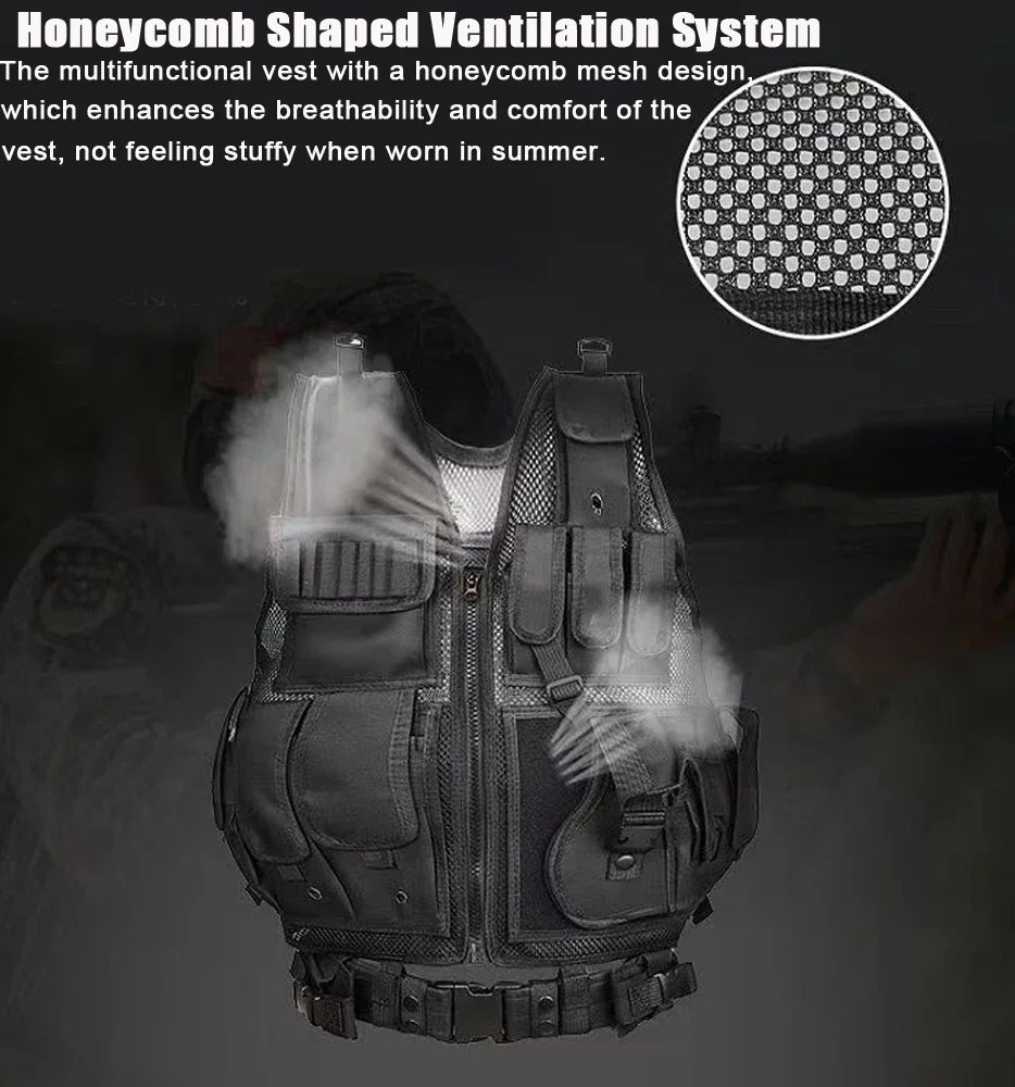 Adjustable Molle Tactical Vest, Combat Body Armor Vests, Security Guard, Airsoft Training Jacket.