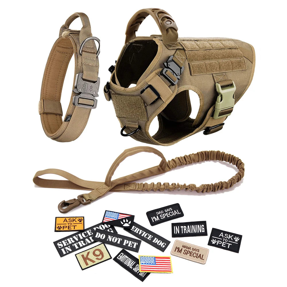 Dog Harness, Leash, Collar, Patches Set for Medium - Large Dogs. Adjustable Tactical Dog Harnesses.