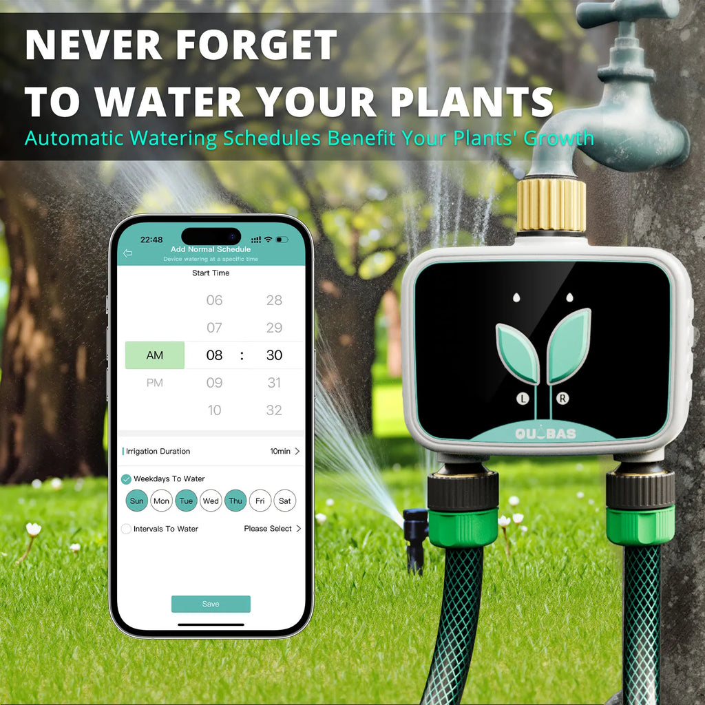 2-Zone, Smart Water Timer for Garden Hose, APP Remote Control, Manual Watering, Rain Delay Watering.
