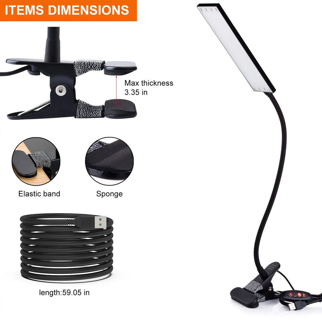 5W LED Clip on Desk Lamp with 3 Modes - 11 Brightness - Clamp.