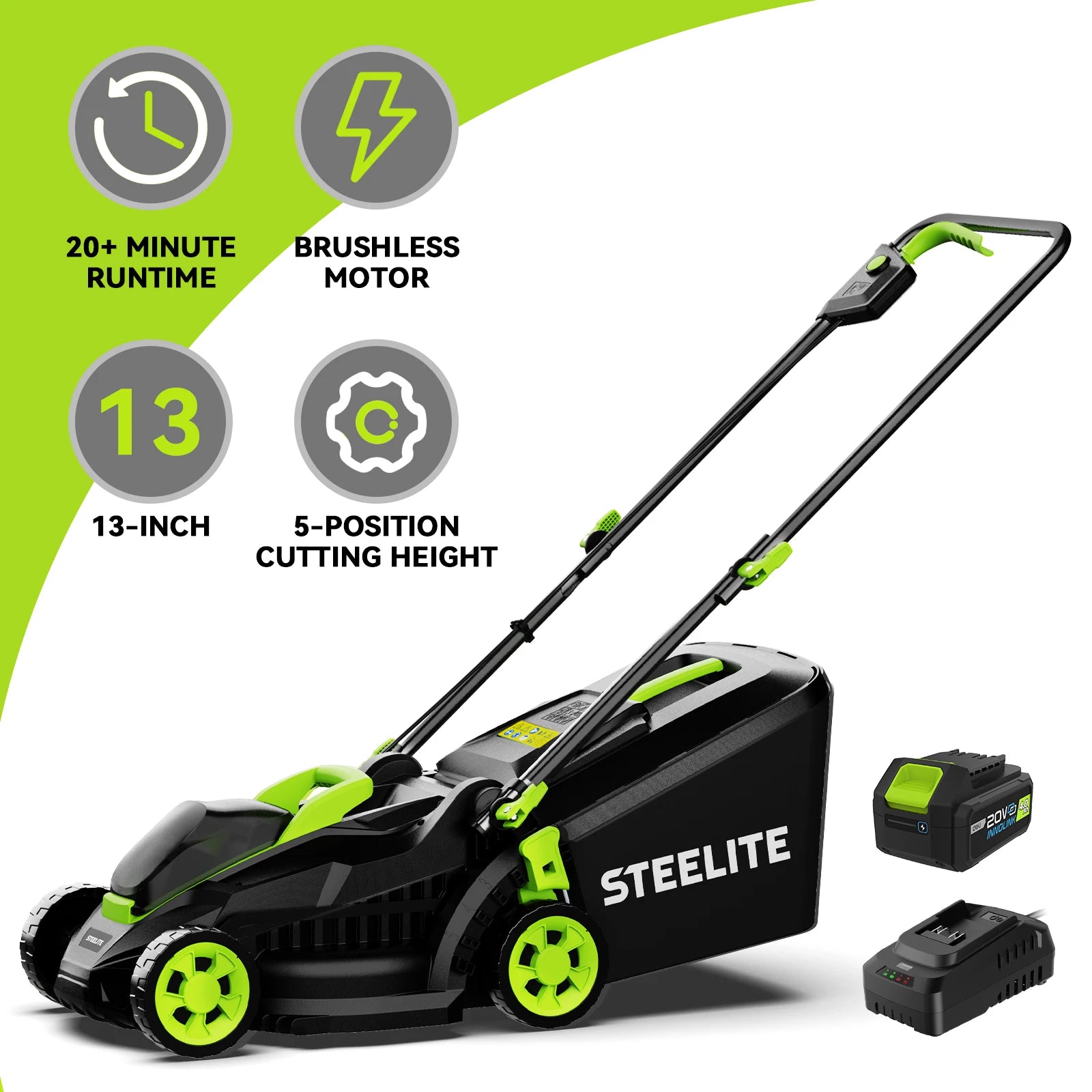 Deli 13" Electric Lawn Mower, 2-In-1 Lightweight - Brushless With 21V 4.0Ah Battery And Charger.