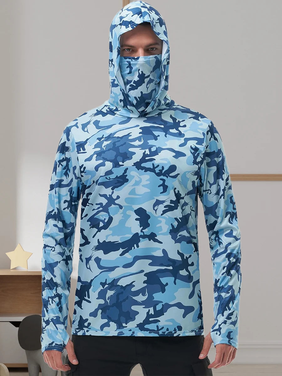 Fishing Hoodie With Built-In Face Mask For Sun Protection.
