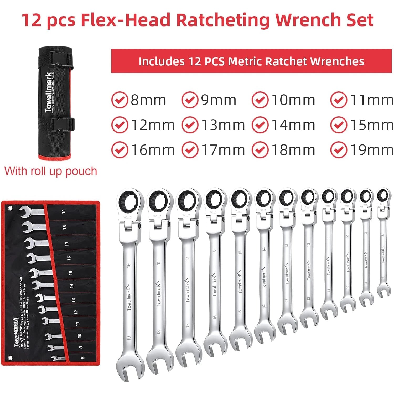 12-Piece Flex-Head Wrench Set, Ratcheting Combination Set, Metric 8-19mm, 72-Teeth,Cr-V Steel with Bag.