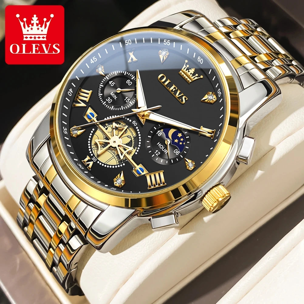 OLEVS Men's Classic, Multifunctional, Chronograph, Quartz Wristwatch. Moon Phase, 24 Hour, Waterproof.