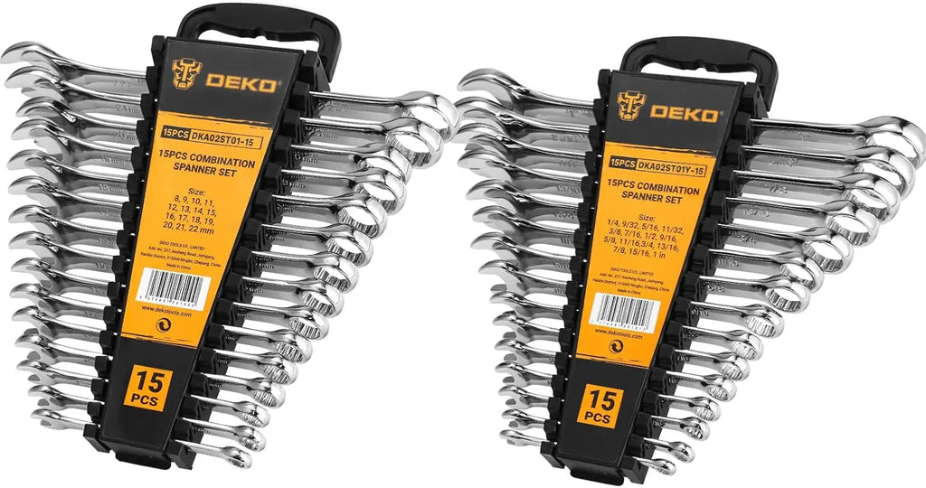 DEKOPRO Combination Wrench Set, SAE & Metric,  1/4'' to 1'' & 8-22mm, 12-Point, Chrome Vanadium Steel, with Plastic Tray.