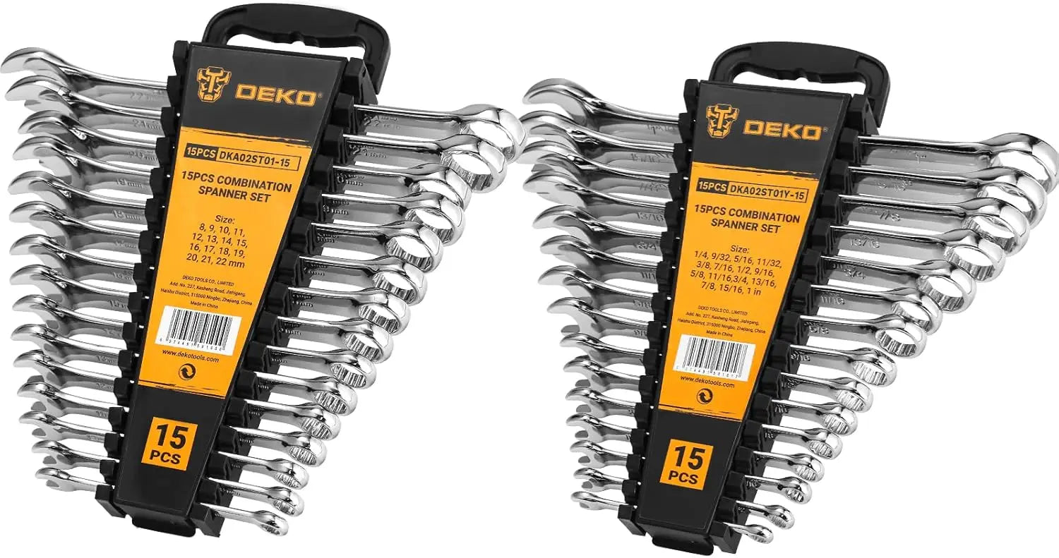 DEKOPRO Combination Wrench Set, SAE & Metric,  1/4'' to 1'' & 8-22mm, 12-Point, Chrome Vanadium Steel, with Plastic Tray.
