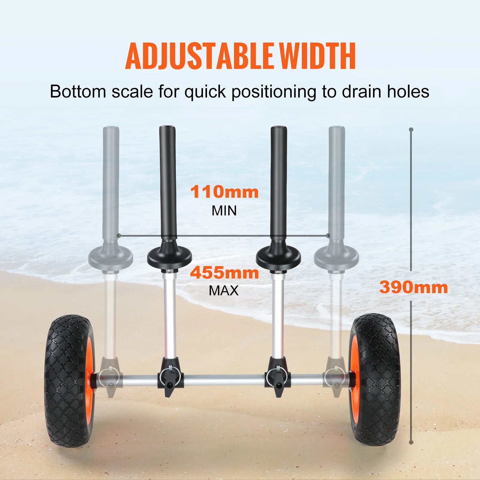 Heavy Duty Kayak Cart With 10'' Solid Tires. Adjustable Width.