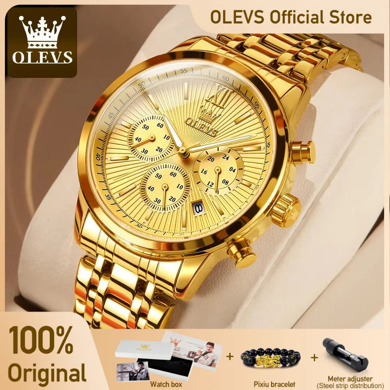 OLEVS Men's Luxury Gold Fashion Wristwatch. Stainless Steel - Waterproof - Luminous - Chronograph Date - 24 Hour Display.