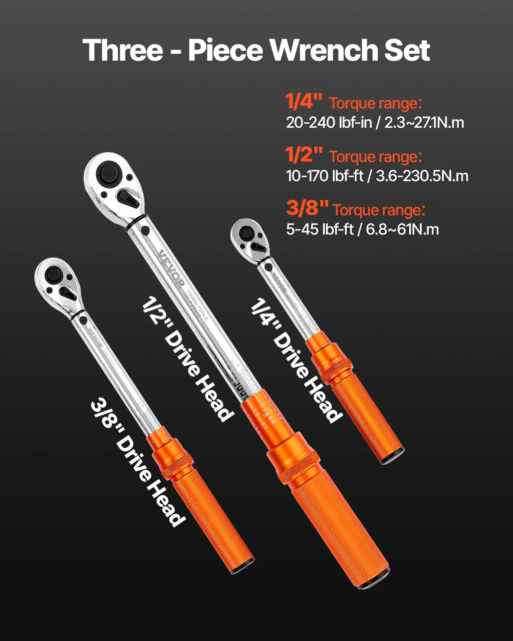 VEVOR  3PCs Click Torque Wrench Set. 1/4, 3/8, 1/2 Inch Drive, Dual-direction And Dual Range Scales.