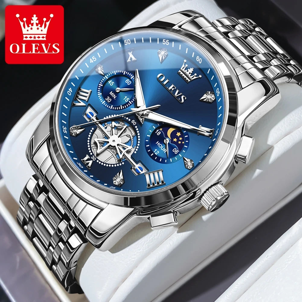 OLEVS Men's Classic, Multifunctional, Chronograph, Quartz Wristwatch. Moon Phase, 24 Hour, Waterproof.
