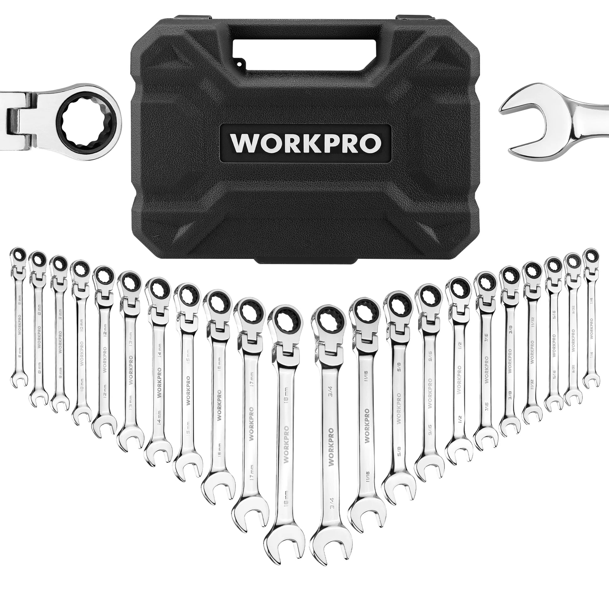 WORKPRO 22pcs Ratcheting Wrench Set. Flex-Head Ratchet Combination Wrench Sets with Organizer Box 72 Teeth.