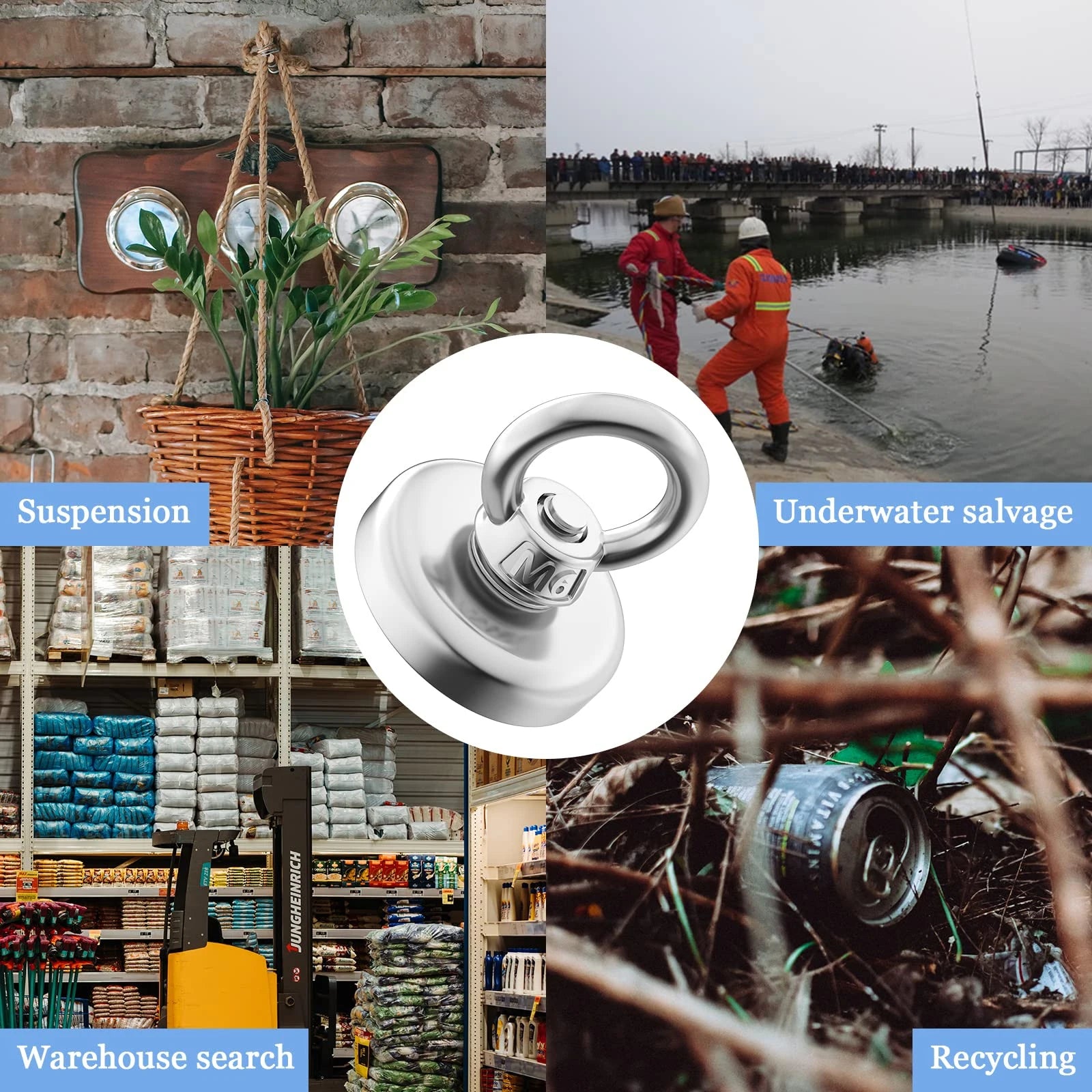 Super Strong Neodymium Fishing Magnets. Heavy Duty Magnet With Countersunk Hole, Eyebolt For Salvage Magnetic Fishing.