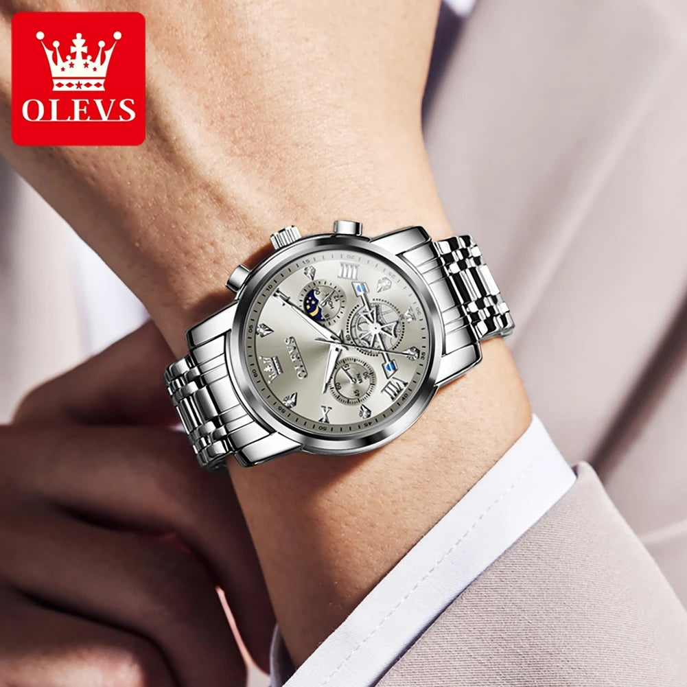 OLEVS Men's Classic, Multifunctional, Chronograph, Quartz Wristwatch. Moon Phase, 24 Hour, Waterproof.