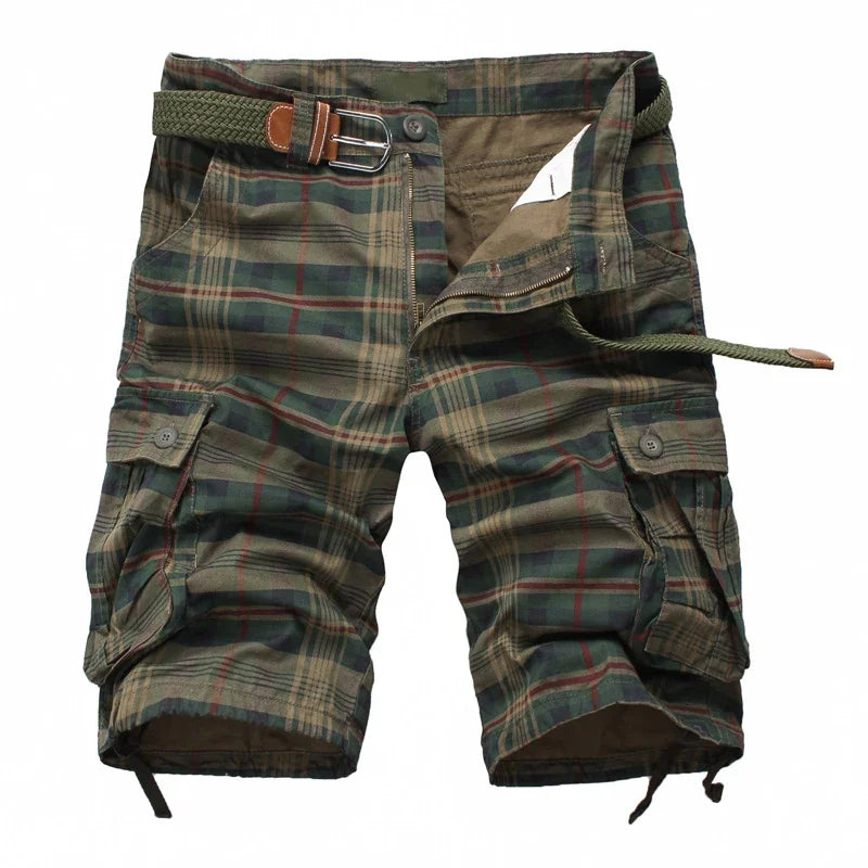 Cotton, Comfortable, Plaid Shorts. Loose, Straight Leg, Large Cargo Pockets.