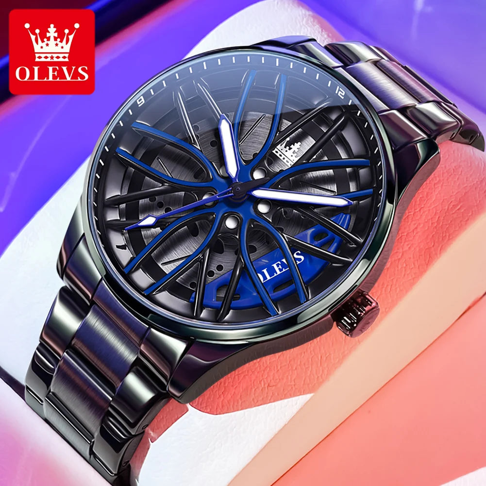 OLEVS 9937 Men's Rotatable Wheel Hub Dial Fashion Trend Quartz Watch, Waterproof, Luminous, Stainless Steel.
