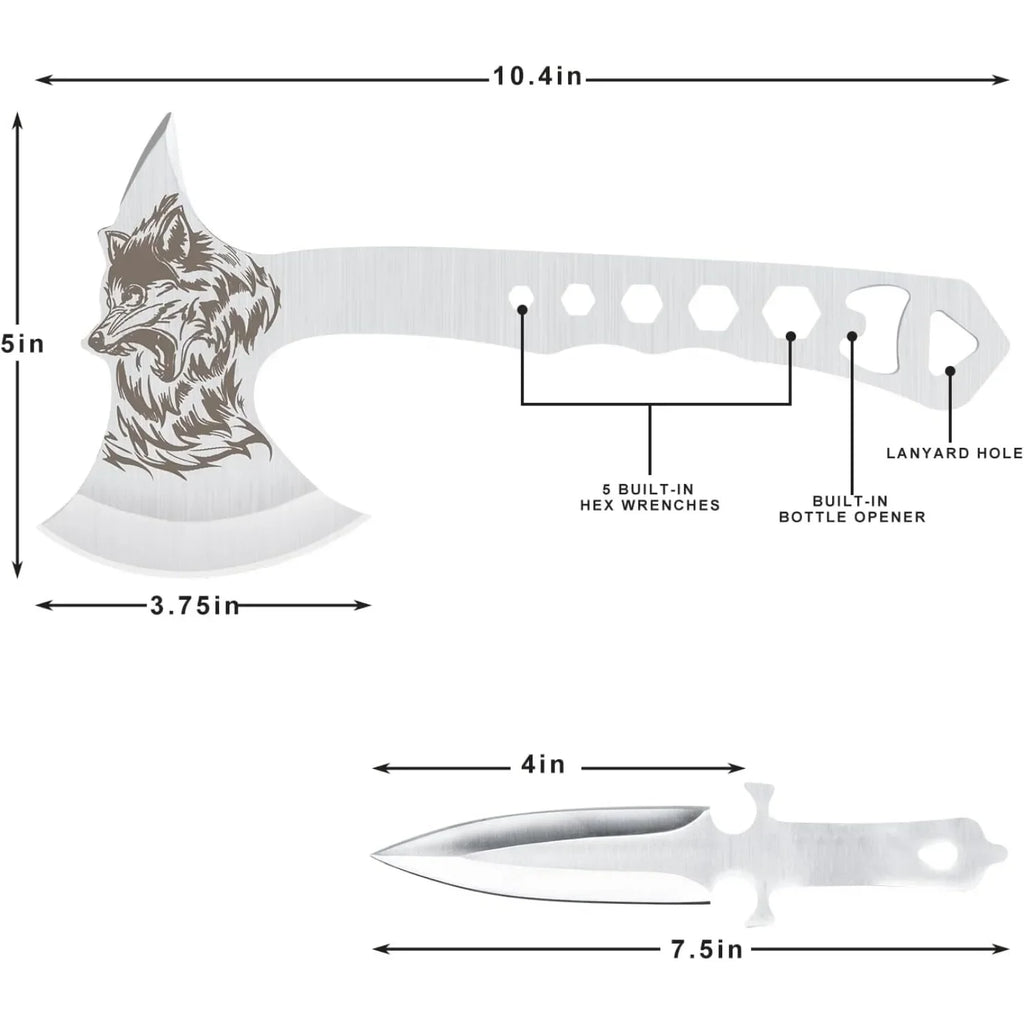 3-Pack Tactical Throwing Axe W/Corkscrew & Nylon Sheath, Stainless Steel .