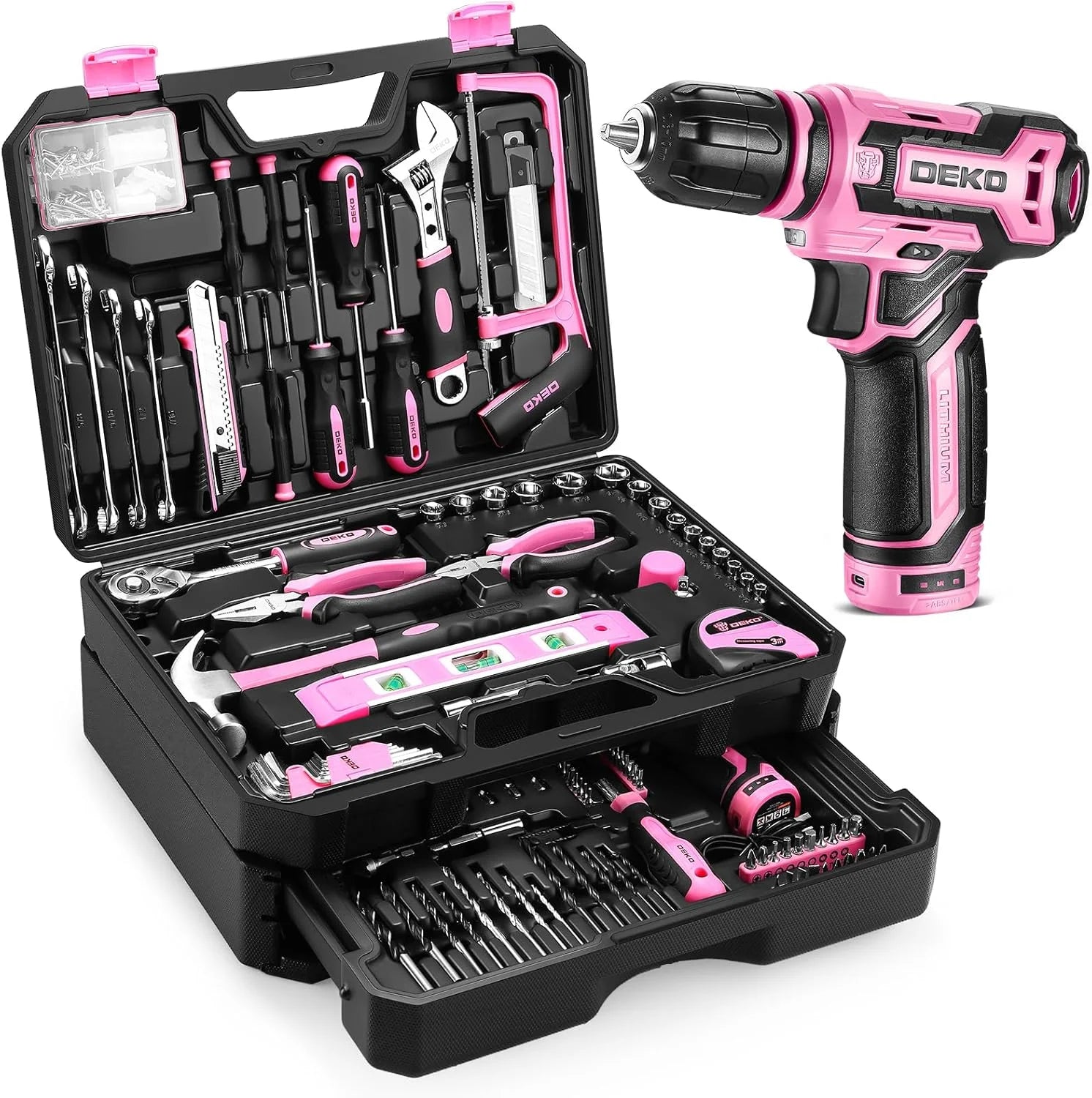 DEKO Home Mechanic Toolbox with 12V Power Cordless Drill. Storage Organizer Case.