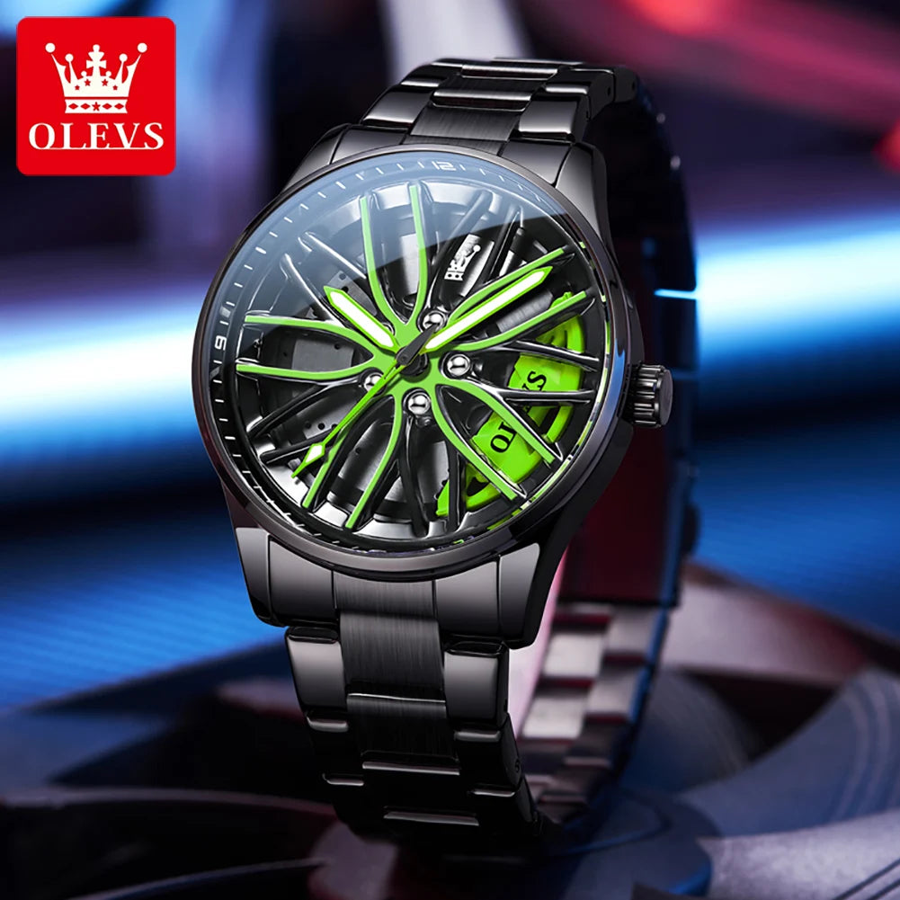 OLEVS 9937 Men's Rotatable Wheel Hub Dial Fashion Trend Quartz Watch, Waterproof, Luminous, Stainless Steel.