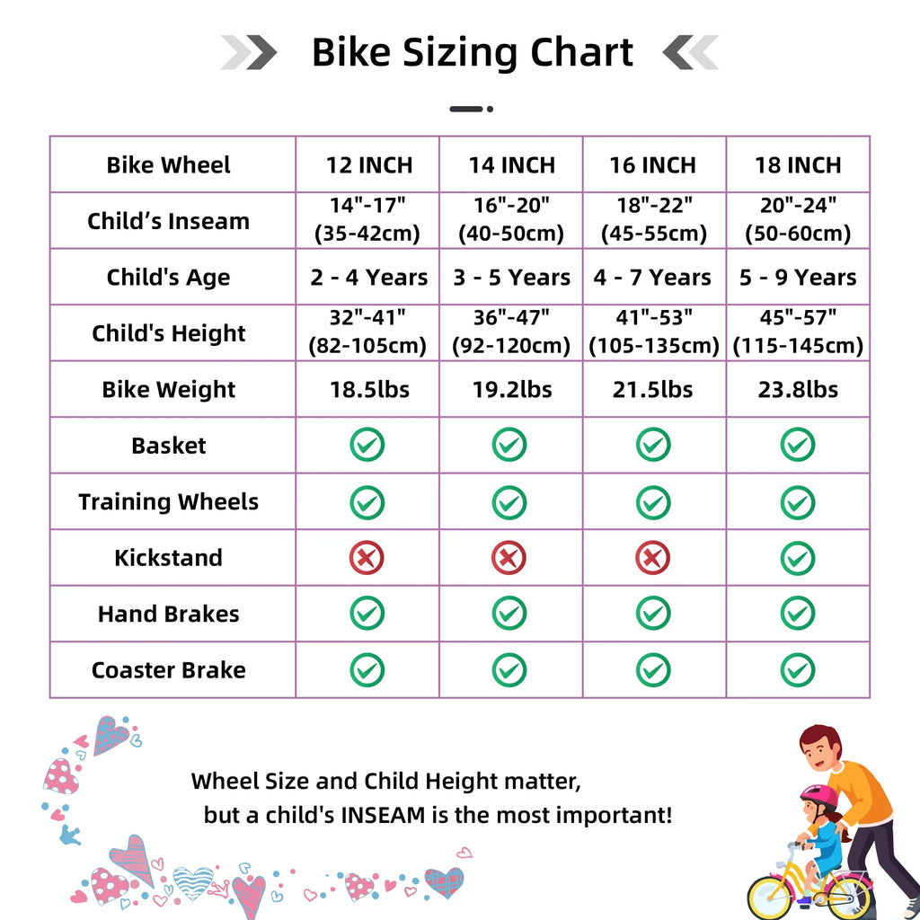 Colorful Girls Bike with Basket & Training Wheels, 12, 14, 16, 18 Inch Kids Bike - Foot Brake.