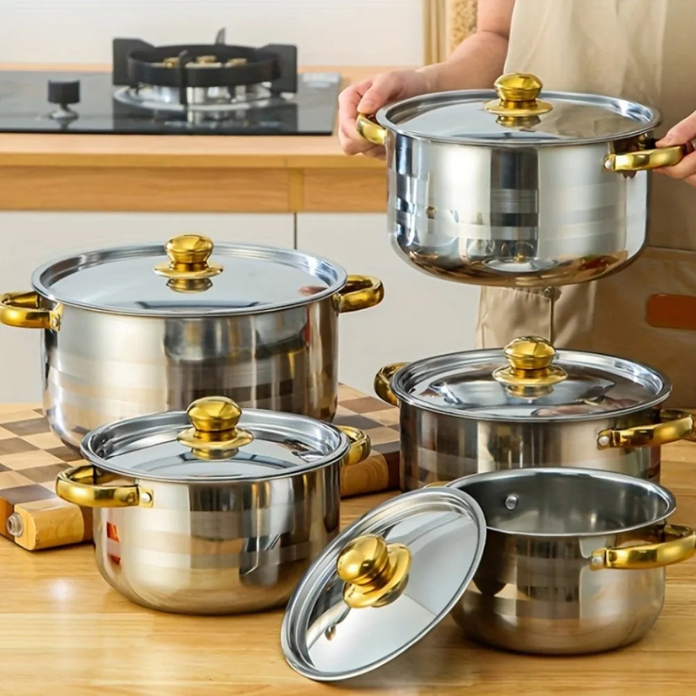 5-Piece Golden Stainless Steel Cookware Set - Durable, Multi-Purpose, Easy to Clean.