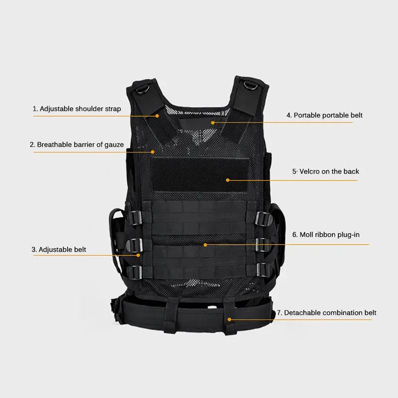 Adjustable Molle Tactical Vest, Combat Body Armor Vests, Security Guard, Airsoft Training Jacket.