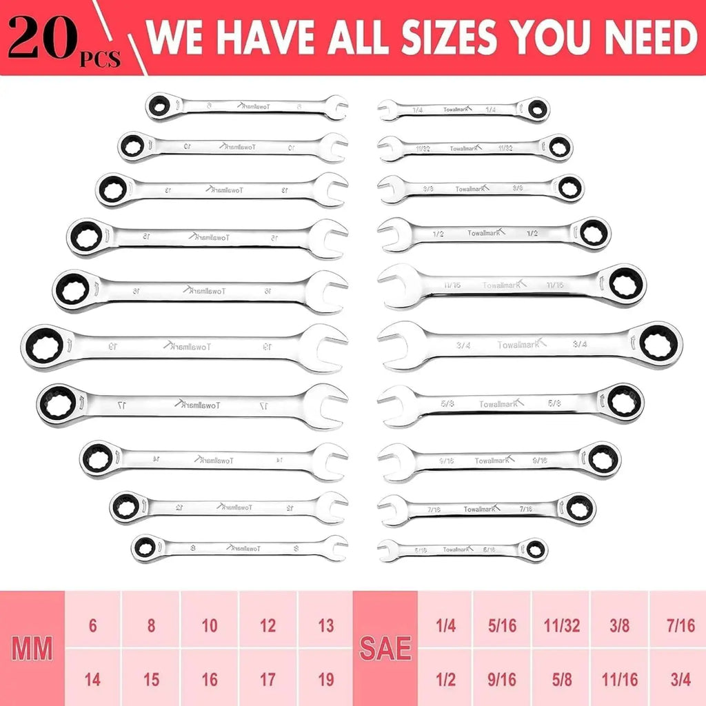 20pcs Standard Combination Ratcheting Wrench Set, 72-Teeth Cr-V Steel With Storage Bag.