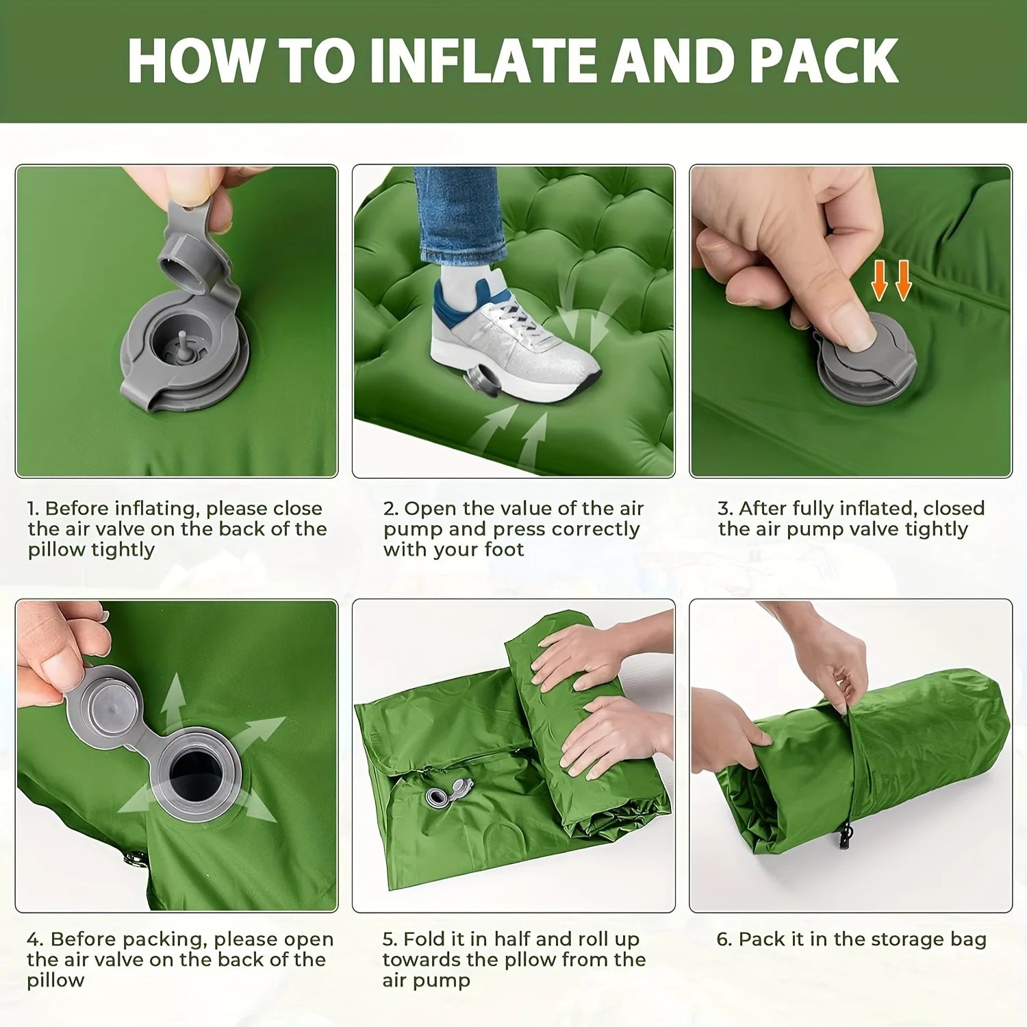 Super Thick 4-inch Inflatable Sleeping Mat, With built-in pillow and pump.