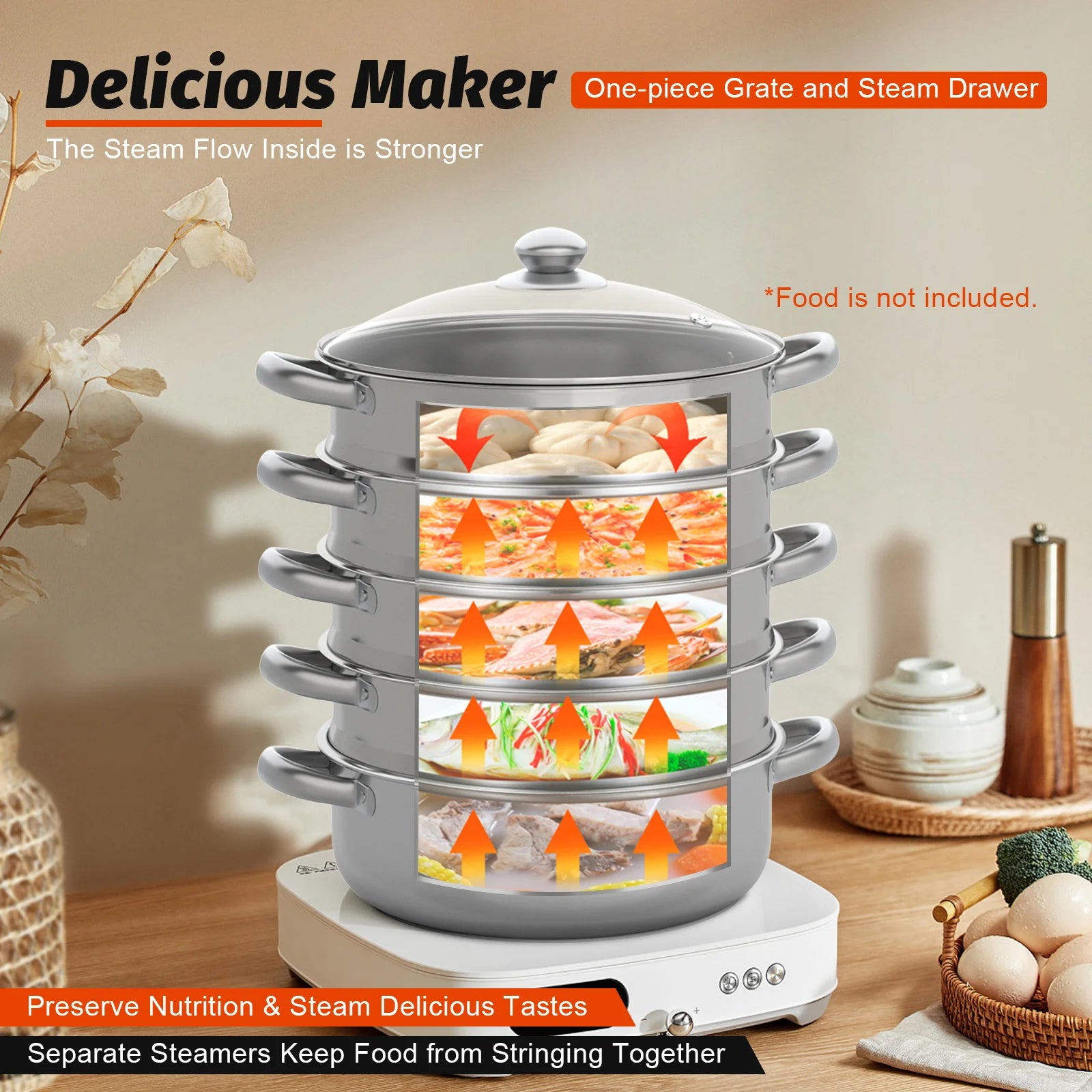 5 Tier Steam Cooker. Stainless Steel. Silver W/Glass Lid.