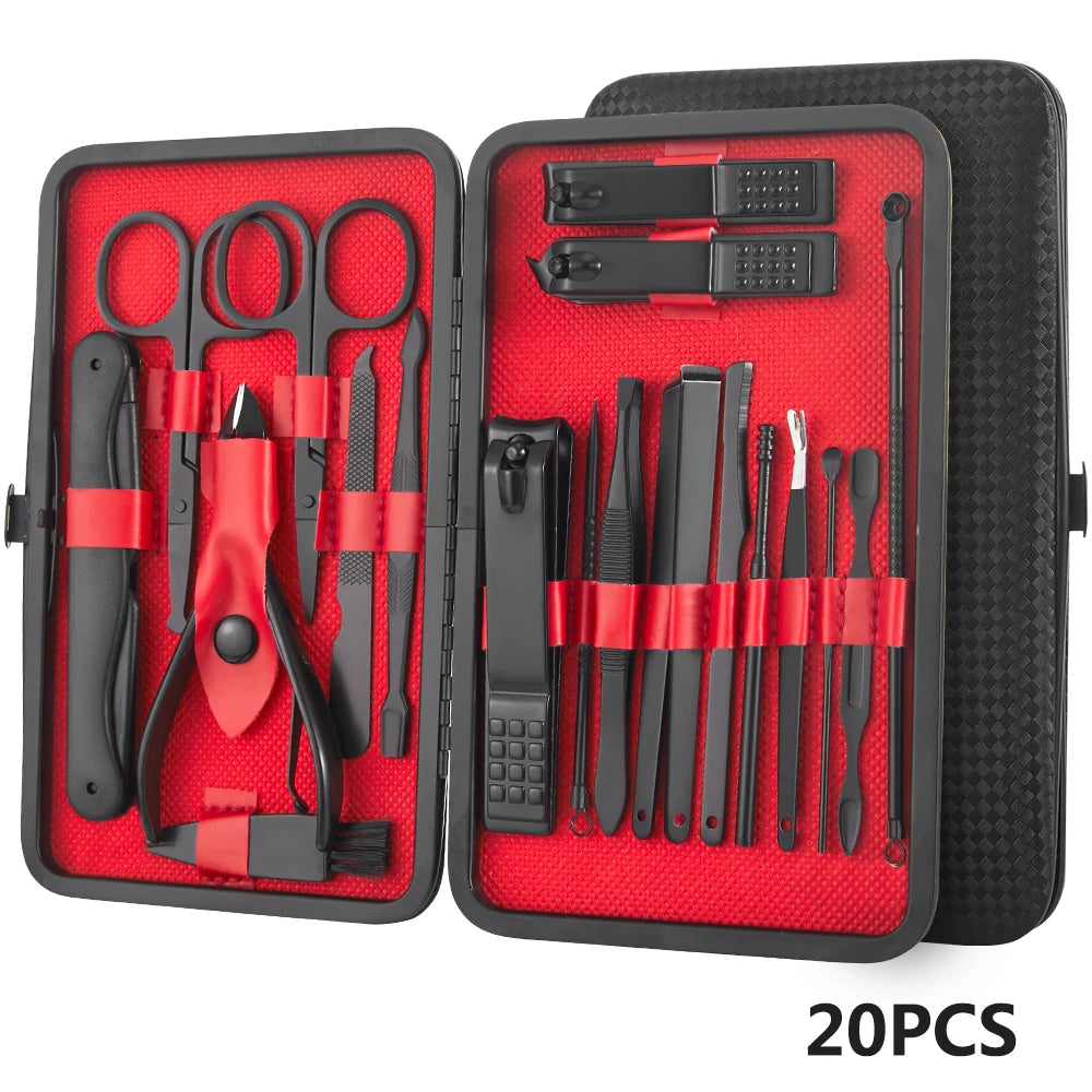 8/12/15/20/24pcs Black Nail Clipper Set. Pedicure, Knife, Stainless Steel, Nail Beauty Tool, Portable Travel Box.