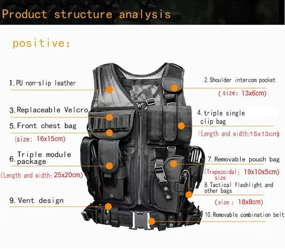 Adjustable Molle Tactical Vest, Combat Body Armor Vests, Security Guard, Airsoft Training Jacket.