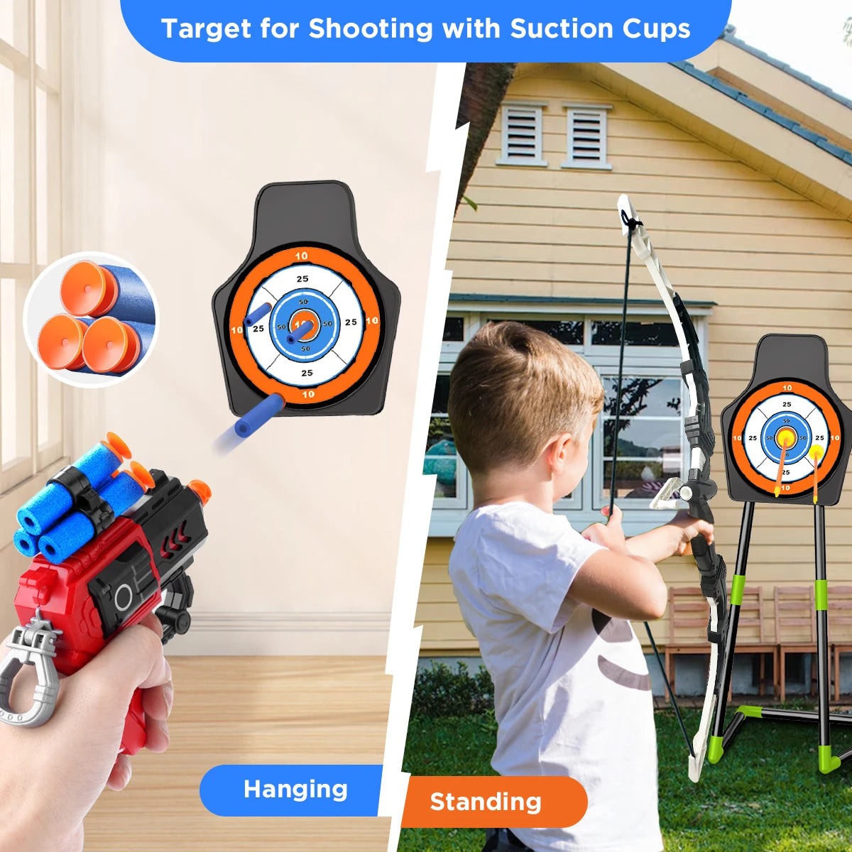 VATOS 2X Bow Arrow + Guns Toy. LED Light Up - Suction Cup Stand Target.